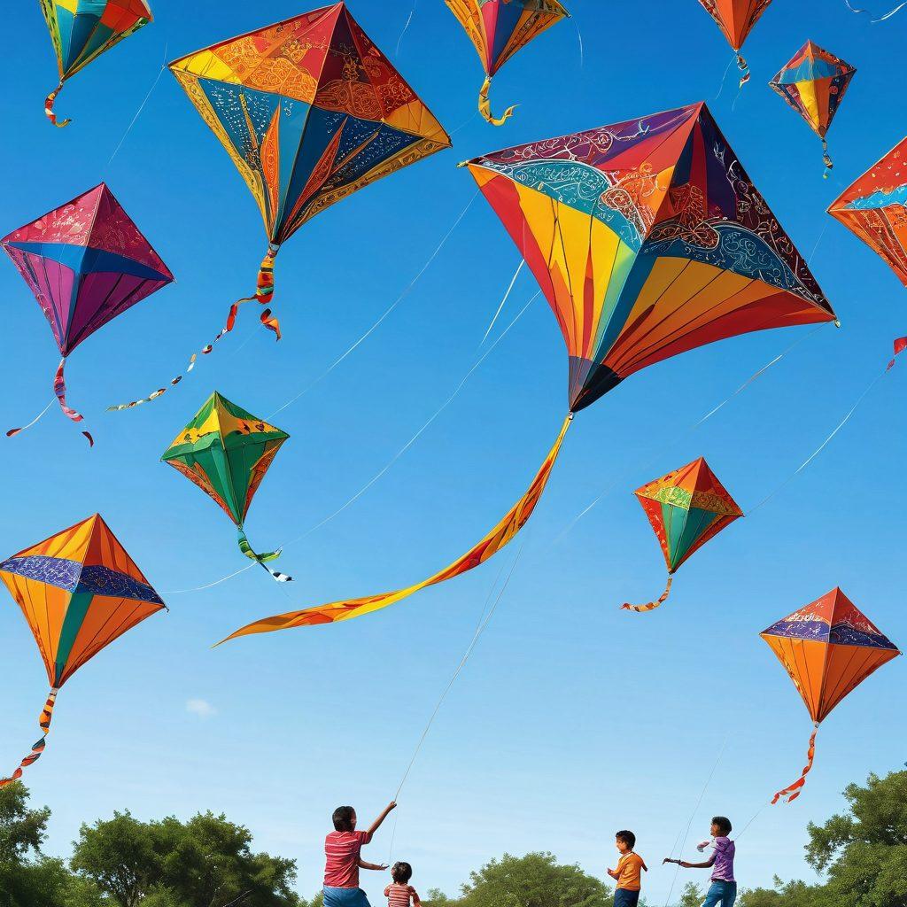 A vibrant kite flying high in a clear blue sky, filled with intricate artistic designs and patterns, showcasing a blend of traditional and modern styles. Below, a lively kite festival scene with families and children laughing and holding colorful kites, surrounded by lush greenery. The overall mood is joyful and festive, reflecting the passion of crafting. super-realistic. vibrant colors. white background.