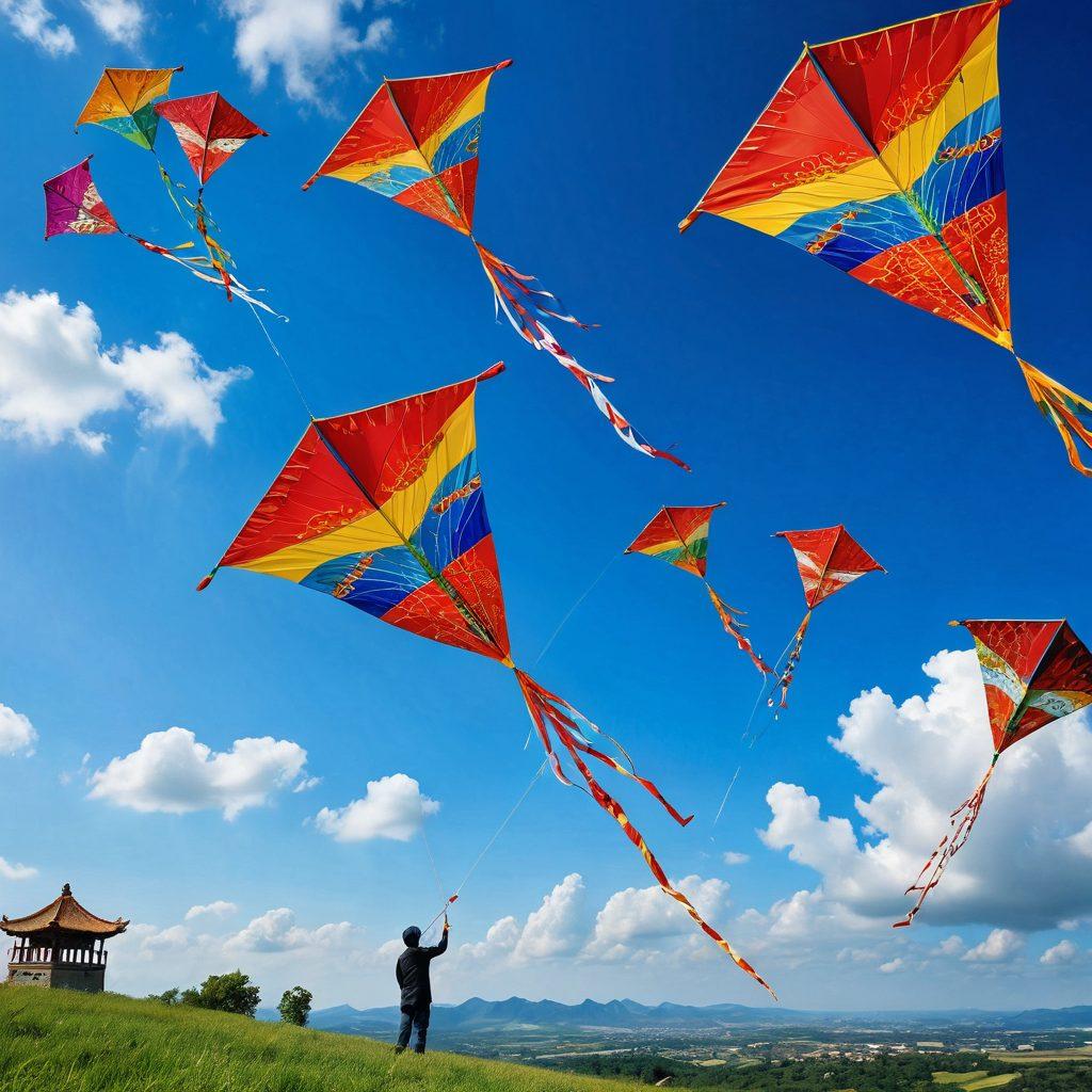 A serene landscape with colorful handmade Chinese kites soaring high in a bright blue sky, showcasing intricate designs and patterns. In the foreground, an artisan skillfully crafting a kite with vibrant fabrics and tools scattered around. Soft clouds float in the background, enhancing the joyful atmosphere. Ideal for capturing the essence of aerial affection and craftsmanship. vibrant colors. super-realistic.