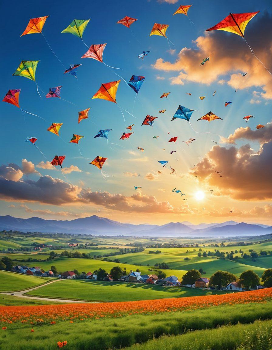 A vibrant sky filled with an array of colorful handmade kites soaring high above a scenic landscape, capturing the essence of aerial arts. Below, a joyful crowd of diverse people of all ages, some crafting kites and others flying them, creating a festive atmosphere. Include intricate patterns on the kites, with sunlight illuminating their colors. Add a backdrop of lush green fields and a blue sky for a serene setting. super-realistic. vibrant colors. 3D.